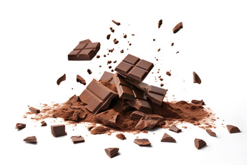 Pieces of dark chocolate falling with choc flakes in the air isolated on white background