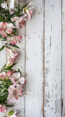 Fototapeta premium Flowers on the wooden board with a blank background pattern.