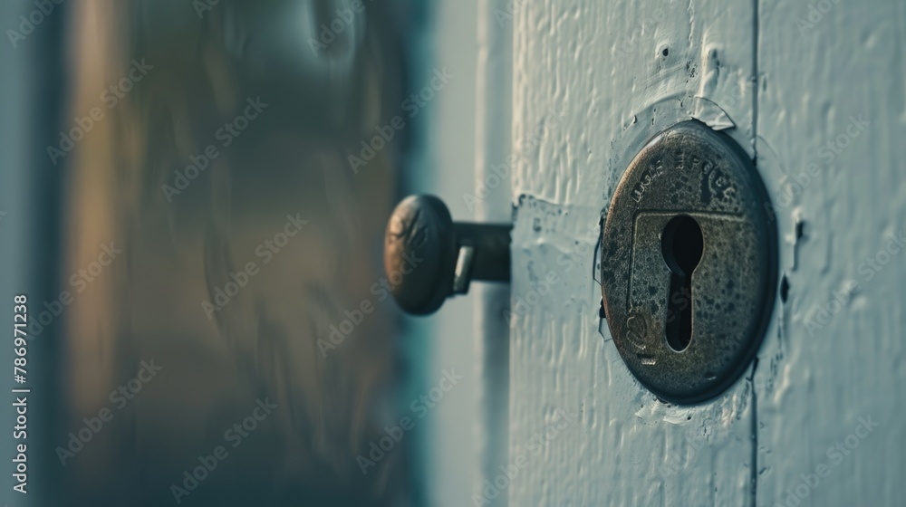Poster detailed view of a keyhole on a wooden door. perfect for security concepts