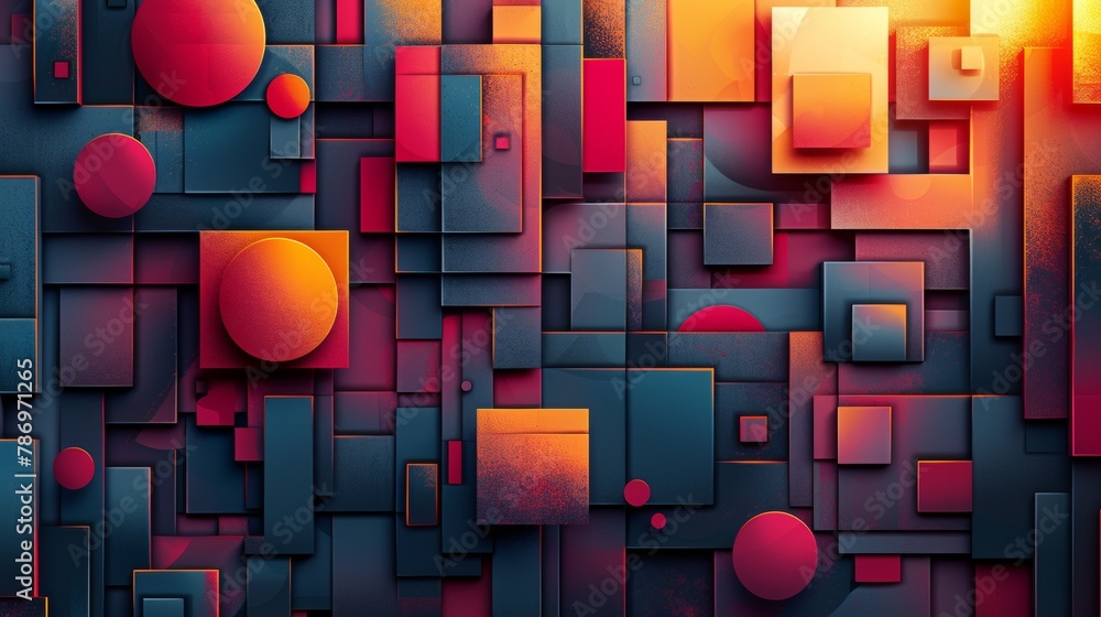 Poster a background composed of overlapping geometric shapes in vibrant gradients, reminiscent of classic v
