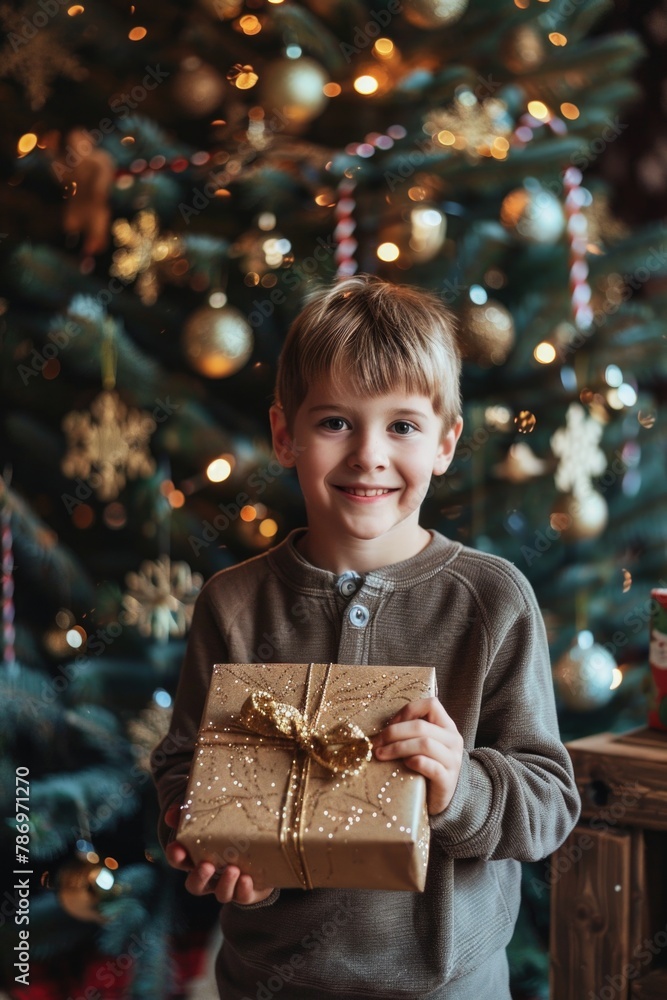 Poster A young boy holding a present in front of a decorated Christmas tree. Perfect for holiday greeting cards