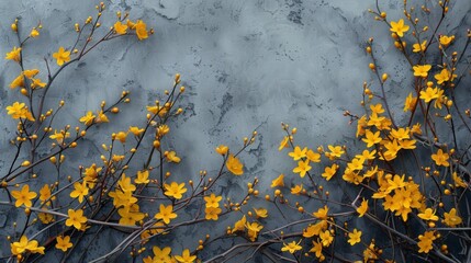 A few branches of yellow forsythia flowers positioned along the bottom of a soft grey canvas, creating a splash of color and maintaining a minimalistic style with ample negative space.