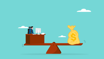 work hard and income balance, businessman working hard on office desk with money bag balancing, work hard to earn a lot of money, commensurate income as work motivation concept vector illustration