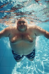 A man smiling while swimming in a pool. Suitable for lifestyle and leisure concepts