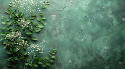 A few sprigs of green fern and white baby's breath along the left vertical edge of a muted green canvas, offering a touch of natural simplicity with vast negative space. - obrazy, fototapety, plakaty