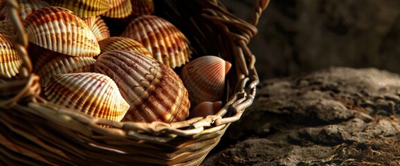 Quiet contemplation of seashells collected in a beachcomber's basket, professional photography and light, Summer Background