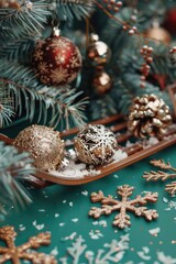 A sled filled with Christmas decorations on a green table. Perfect for holiday designs