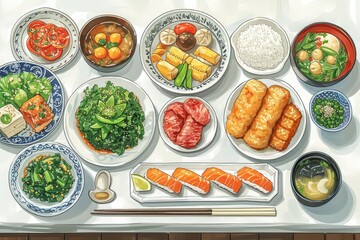 A variety of traditional Japanese dishes. Anime style illustration. Top view of food on a white wooden table - rice, salmon, vegetables, soup, sushi