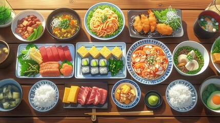 Illustration of a variety of Japanese dishes in anime style on a wooden table - rice, shrimp, salmon, sashimi, sushi, vegetables, wasabi. Top view