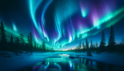 Northern lights in blue tones over a snow-covered river and forest - obrazy, fototapety, plakaty