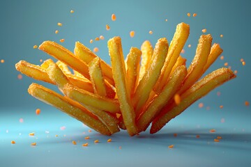 A Pile of French Fries on a Blue Background. Generative AI
