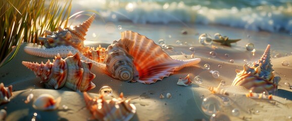 Quiet contemplation of seashells nestled within the sand, each one a tiny treasure, professional photography and light , Summer Background - obrazy, fototapety, plakaty