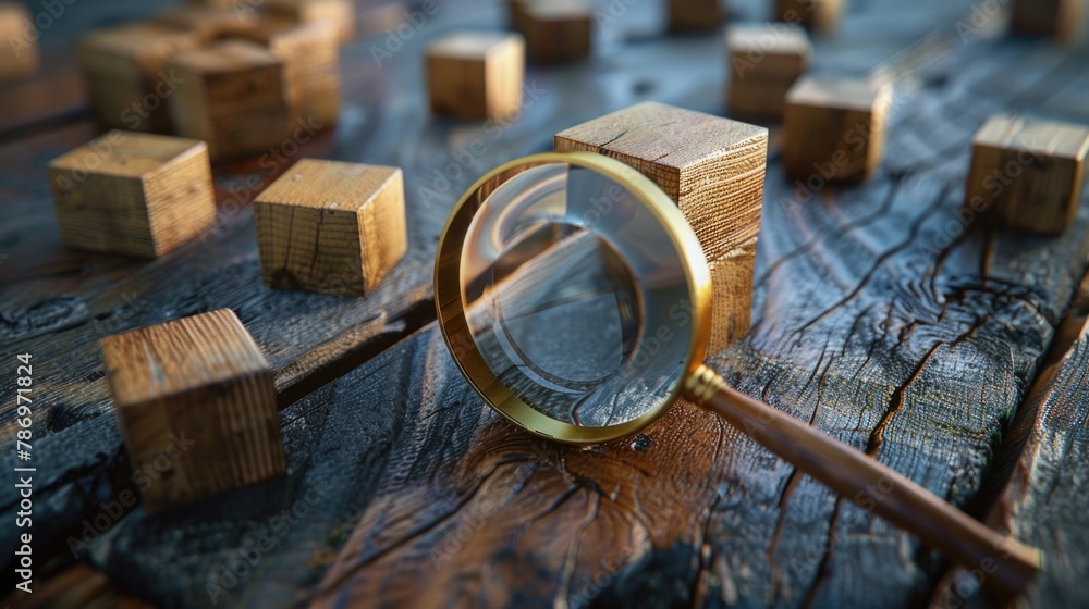 Poster a magnifying glass placed on a wooden table. ideal for science or research concepts