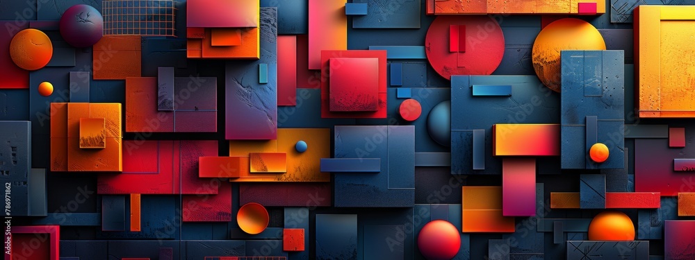 Poster a background composed of overlapping geometric shapes in vibrant gradients, reminiscent of classic v