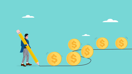 businessman investor with pencil lines control flow of money Dollar coins, business or investment return flow, cash flow concept