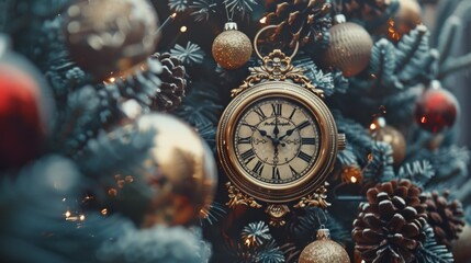 Close up of a clock hanging on a Christmas tree. Perfect for holiday concepts