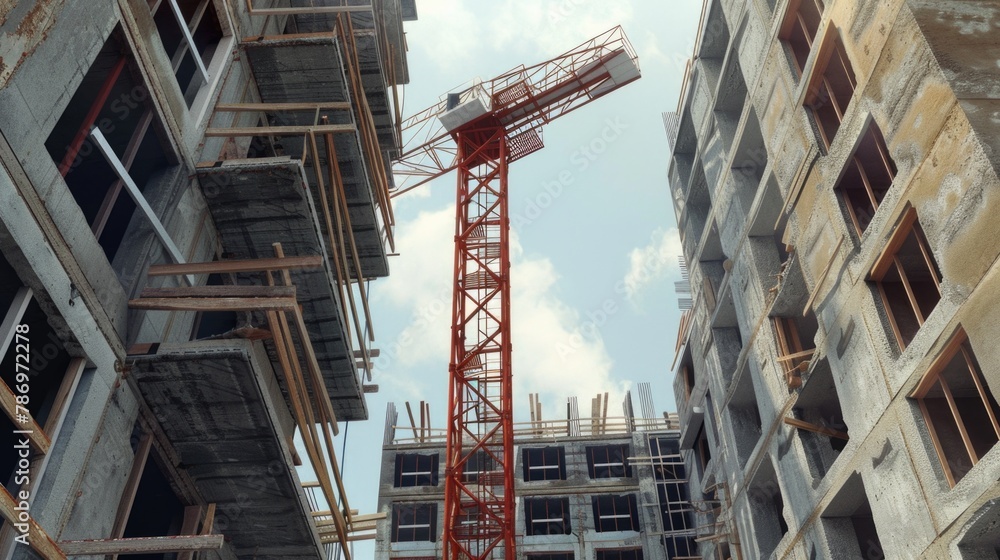 Poster a crane standing in front of a building under construction. suitable for construction industry proje