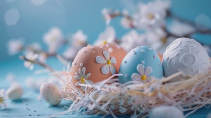 Colorful Easter eggs in a nest on a blue surface. Perfect for Easter holiday decorations
