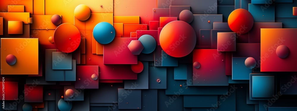 Poster a background composed of overlapping geometric shapes in vibrant gradients, reminiscent of classic v