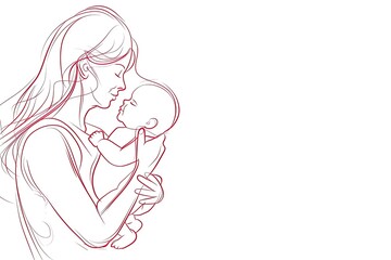 Mother's Day. A line art drawing of a mother holding a newborn baby against a white background with pink lines in a simple minimalistic design. Copy space area. Doodle of a mother caring of her child