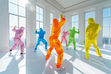 5 people dancers in brightly colored abstract suits dancing in a white room with large windows....
