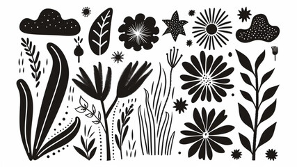 Black flowers and shapes icons. Daisy floral