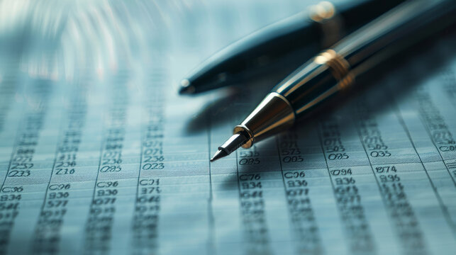 A pen and financial numbers are displayed on a printed page in the conceptual photograph.