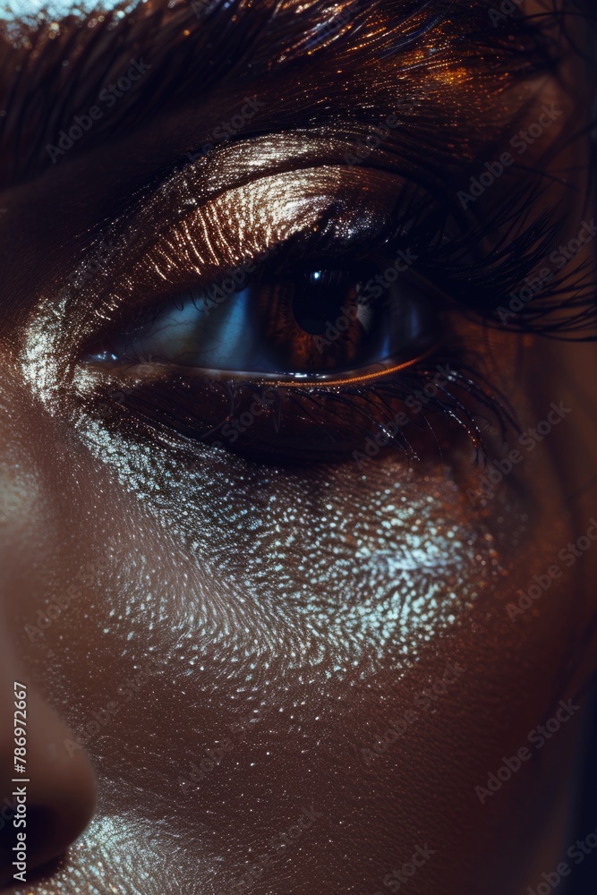 Wall mural Close-up of a woman's eye with elegant metallic makeup, suitable for beauty and fashion concepts