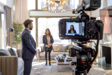 A camera is placed on the tripod, with two business people standing in front of it for an interview video, selective focus of digital camera shooting businessman in office - Powered by Adobe