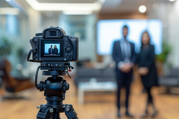 A camera is placed on the tripod, with two business people standing in front of it for an interview video, selective focus of digital camera shooting businessman in office
