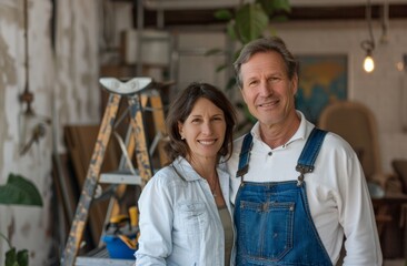 A caucasian couple is smiling at the camera, one man in overalls with a tool box and ladder in the background. Retro scene. Family photograph. An intimate moment captured at home with a middle-aged - Powered by Adobe