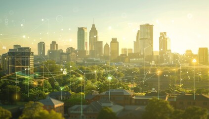 A cityscape with connected network lines and technology icons, representing the digital transformation of urban environments. The background is a clear blue sky, symbolizing hope for future