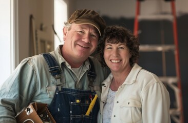 Fototapeta premium A caucasian couple is smiling at the camera, one man in overalls with a tool box and ladder in the background. Retro scene. Family photograph. An intimate moment captured at home with a middle-aged