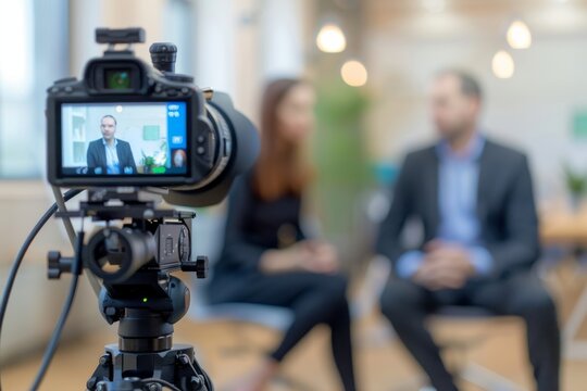 A camera is placed on the tripod, with two business people standing in front of it for an interview video, selective focus of digital camera shooting businessman in office