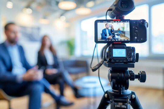 A camera is placed on the tripod, with two business people standing in front of it for an interview video, selective focus of digital camera shooting businessman in office