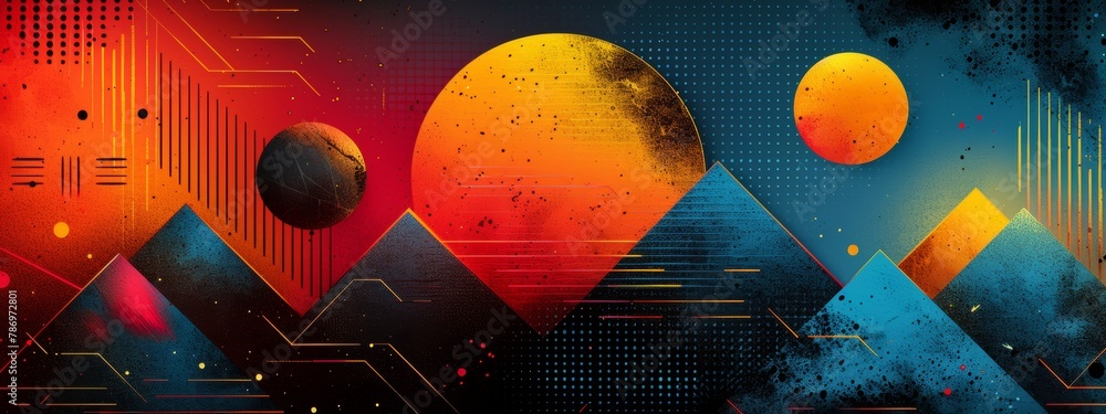 Poster a background composed of overlapping geometric shapes in vibrant gradients, reminiscent of classic v