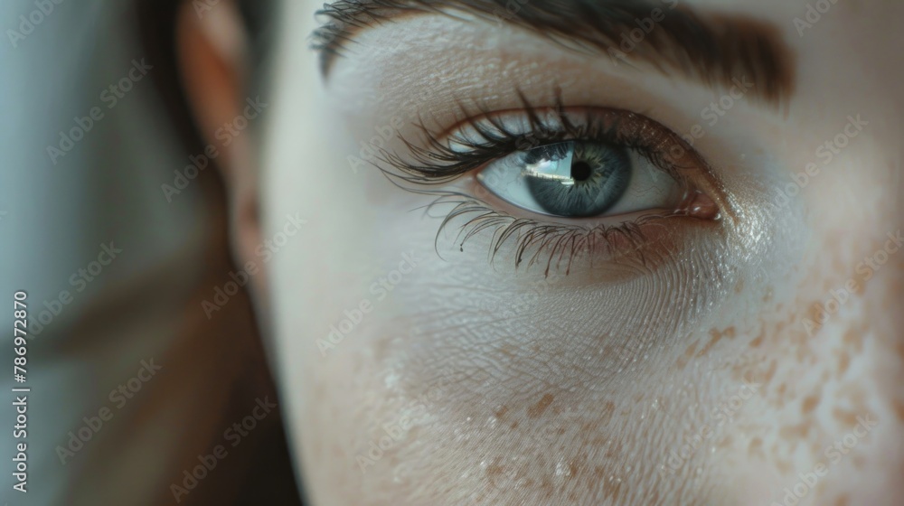 Wall mural Close-up shot of a woman's eye with freckles. Ideal for beauty and skincare concepts