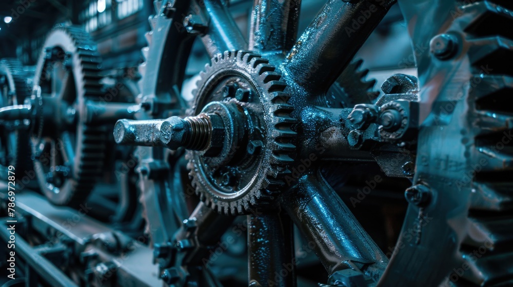 Poster Detailed view of a machine with visible gears. Suitable for industrial concepts