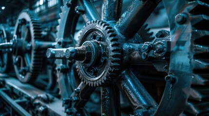 Fototapeta premium Detailed view of a machine with visible gears. Suitable for industrial concepts