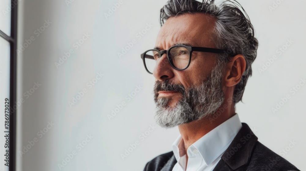 Aufkleber a man with a beard and glasses looking out a window. suitable for various concepts
