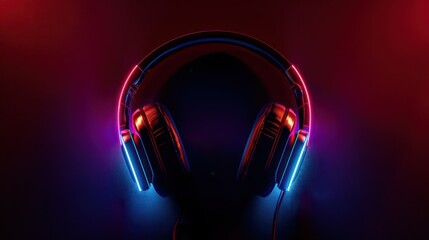 Fototapeta na wymiar A vibrant image of headphones illuminated with neon lights against a dark, moody background, showcasing a blend of music and modern technology