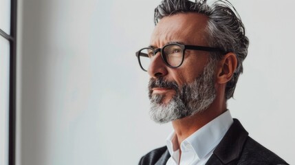 A man with a beard and glasses looking out a window. Suitable for various concepts
