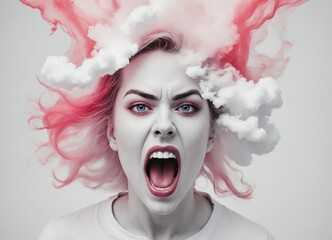 Stressed angry emotional woman screaming, smoke and clouds around the head