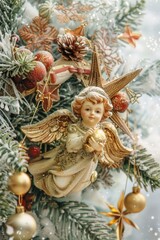 Fototapeta premium A festive Christmas angel ornament hanging from a tree. Perfect for holiday designs