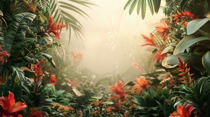 Fototapeta na wymiar Tropical Oasis: A Blank Canvas Surrounded by Lush Foliage and Exotic Fruits