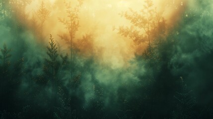 Enchanted Forest Glow, Misty Trees at Dawn, Magical Nature Scene with Copy Space