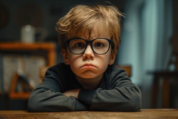 A young boy with glasses sitting at a table. Suitable for educational and school-related projects - obrazy, fototapety, plakaty
