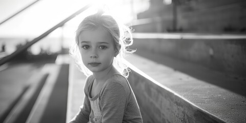 A little girl sitting on a bench in a black and white photo. Suitable for vintage and nostalgic concepts