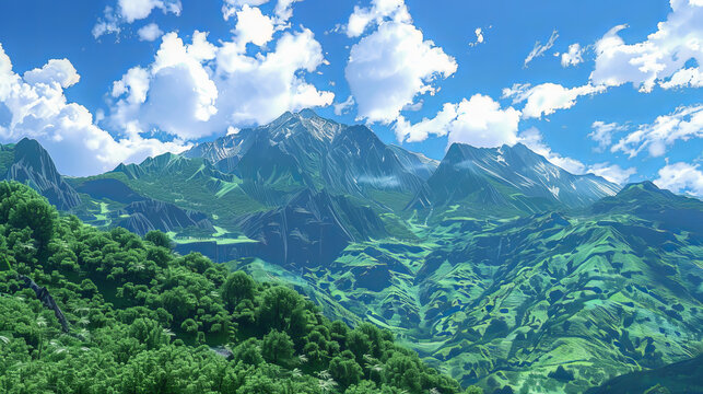 Lush green mountains tower under a clear blue sky, dotted with fluffy white clouds.