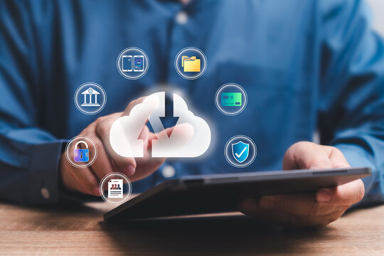 Cloud computing diagram and cyber security concept, Businessman show cloud network icon with tablets and personal data management data storage. Networking protection and Internet service